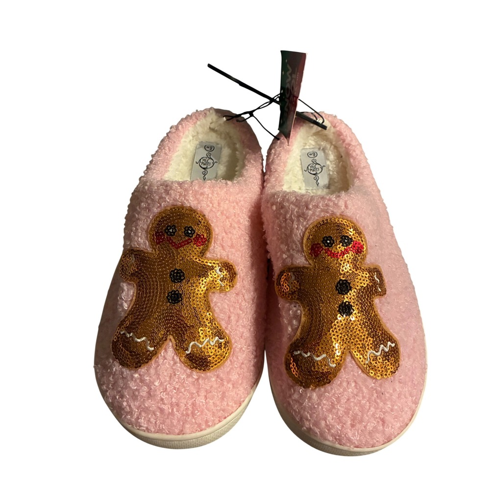 Sole Mates Pink Sherpa Gingerbread Man Sequinโ Slippers Womens 9 Holiday House